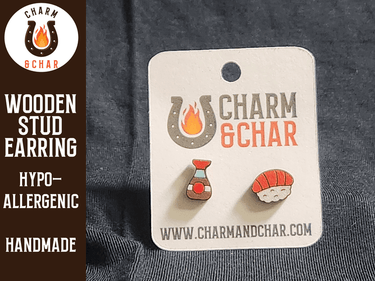 Perfect Match Wood Stud Earrings - Sushi and Soy Sauce - Food Fashion Earring - Stud Earring - Charm and Char